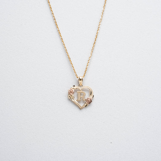 10K Rose Gold Blossom Heart R Initial Necklace