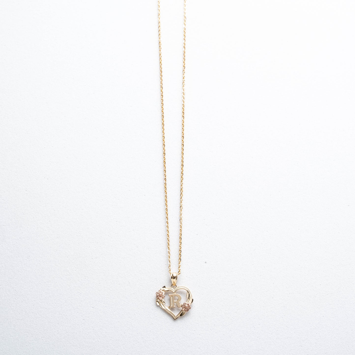 10K Rose Gold Blossom Heart R Initial Necklace