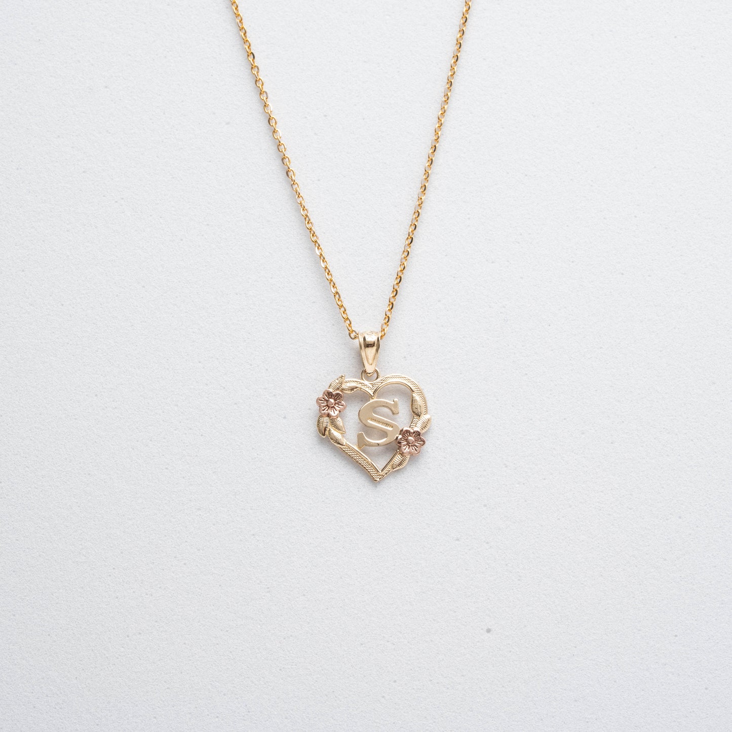 10K Rose Gold Blossom Heart S Initial Necklace