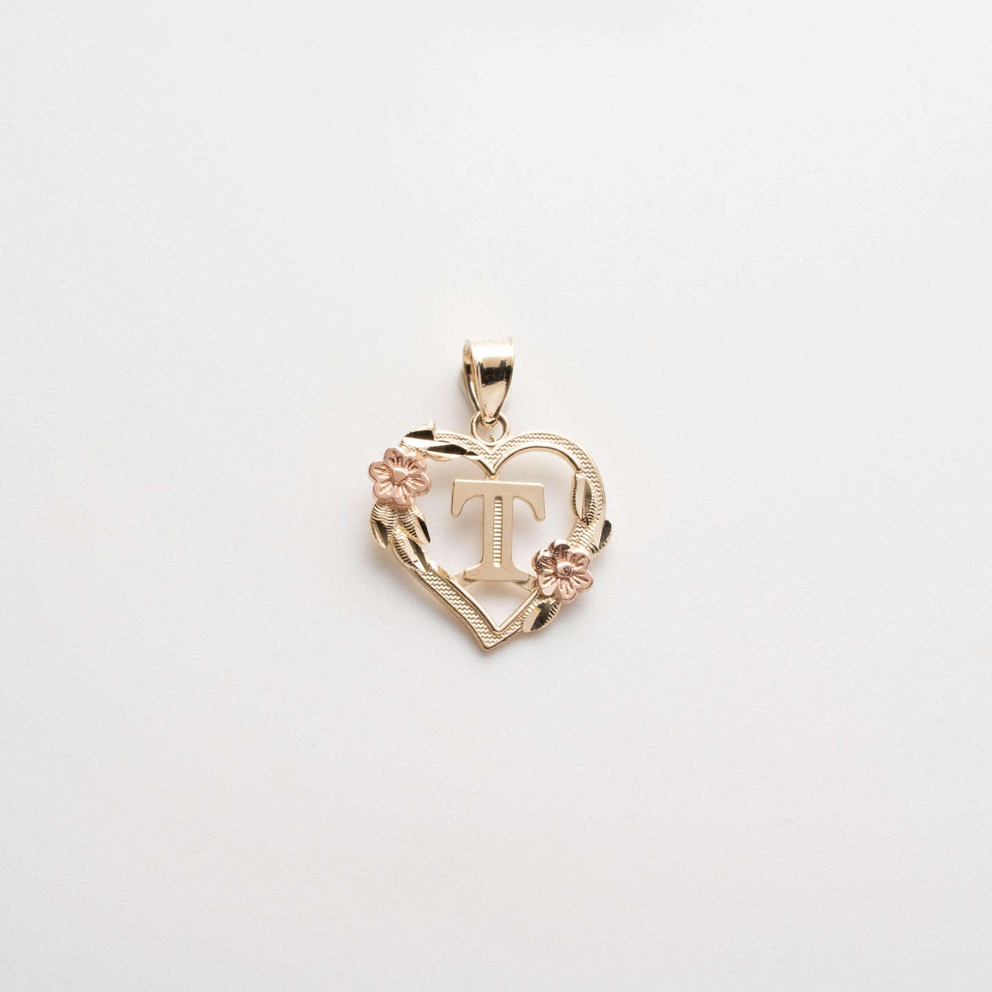 10K Rose Gold Blossom Heart T Initial Necklace