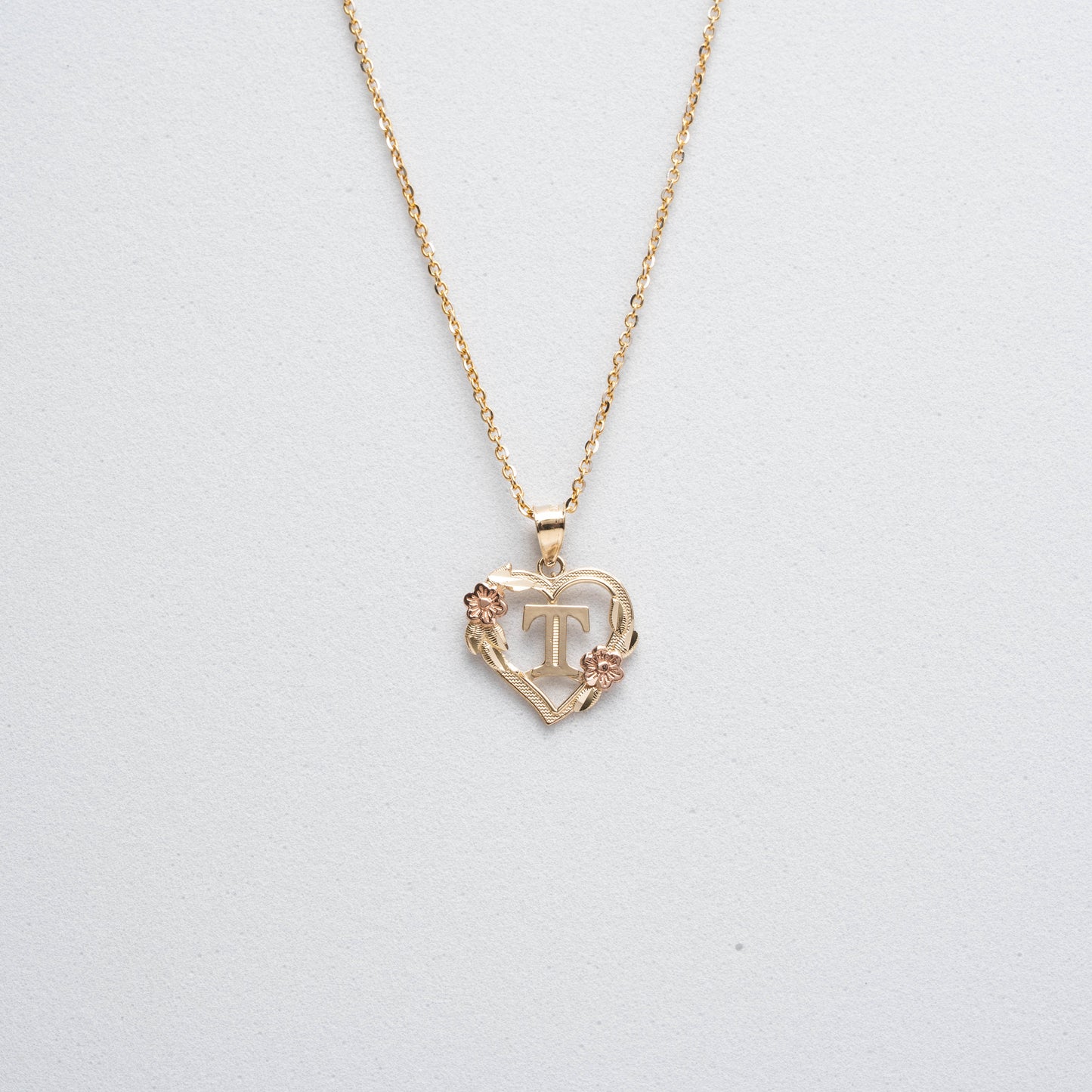 10K Rose Gold Blossom Heart T Initial Necklace