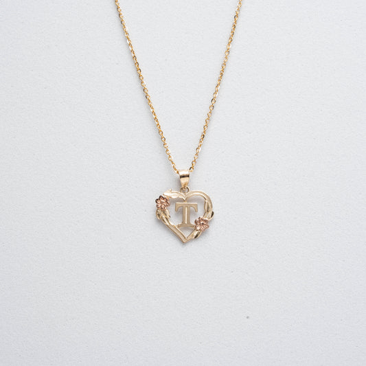 10K Rose Gold Blossom Heart T Initial Necklace