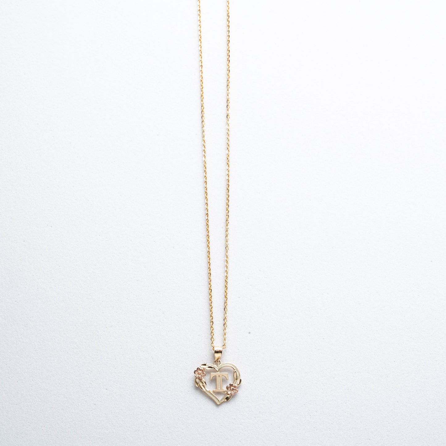 10K Rose Gold Blossom Heart T Initial Necklace