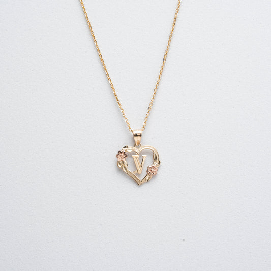 10K Rose Gold Blossom Heart V Initial Necklace