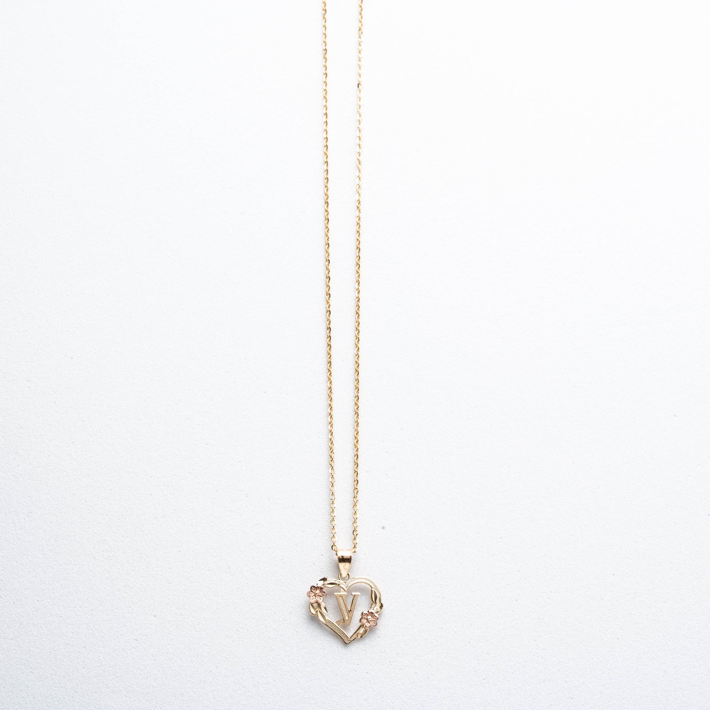 10K Rose Gold Blossom Heart V Initial Necklace