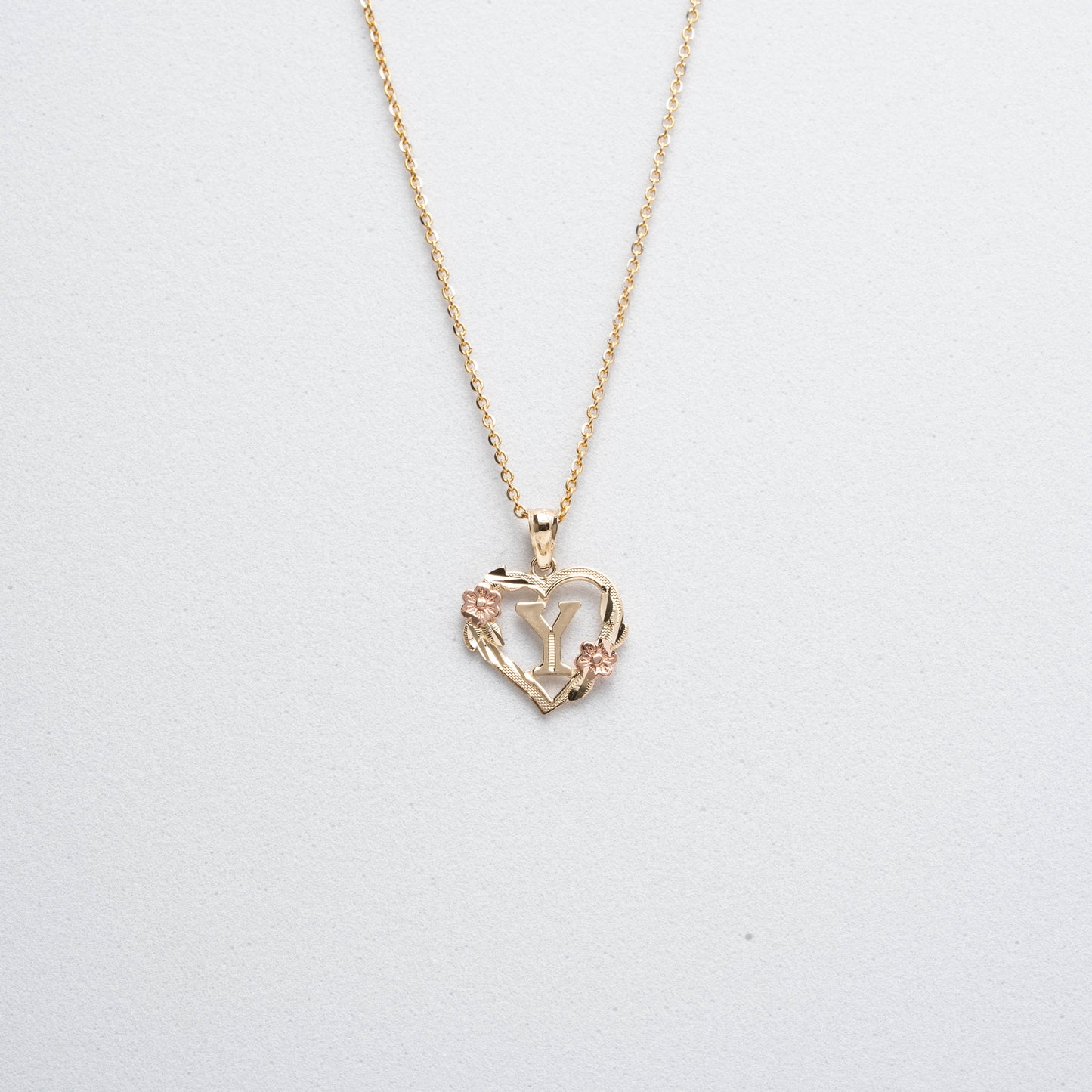 10K Rose Gold Blossom Heart Y Initial Necklace