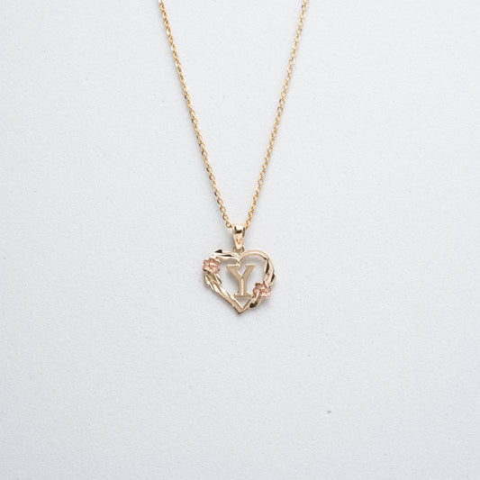 10K Rose Gold Blossom Heart Y Initial Necklace