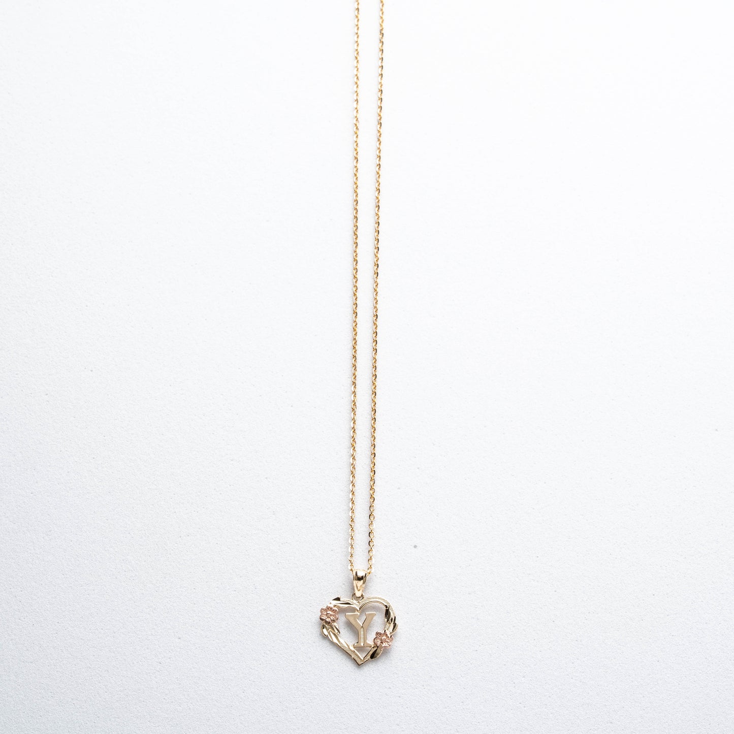 10K Rose Gold Blossom Heart Y Initial Necklace