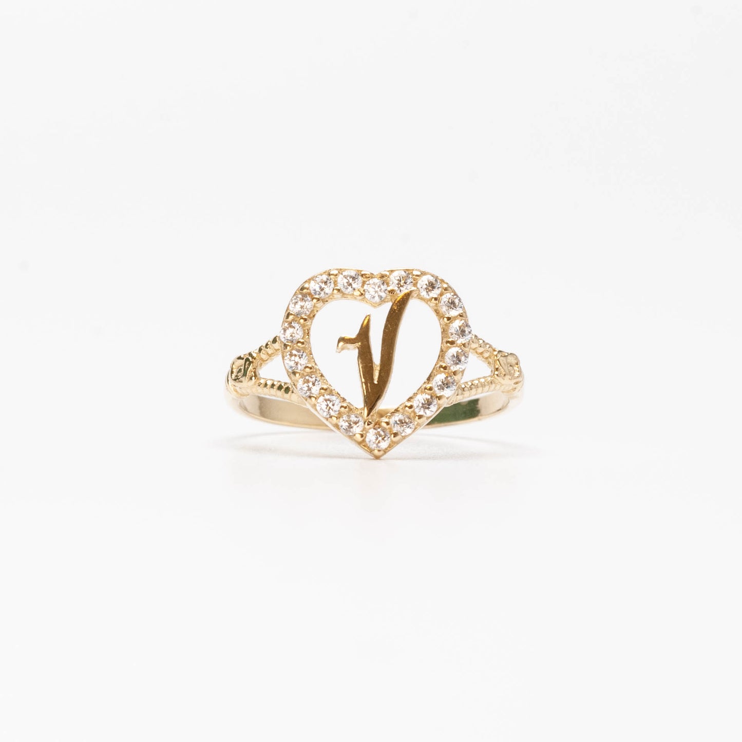 10K Heart Initial V Ring