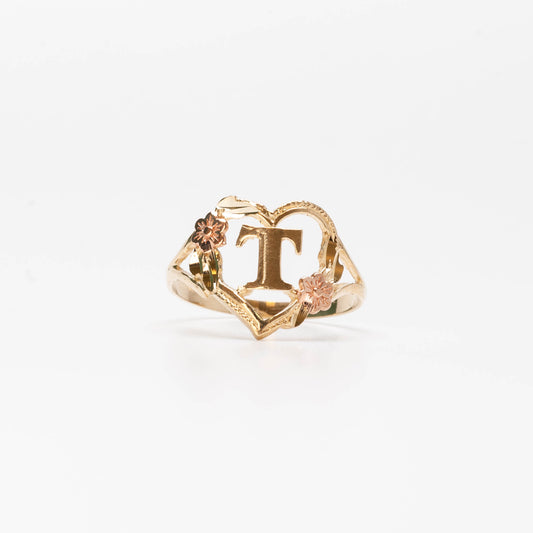 10K Heart Initial T Ring